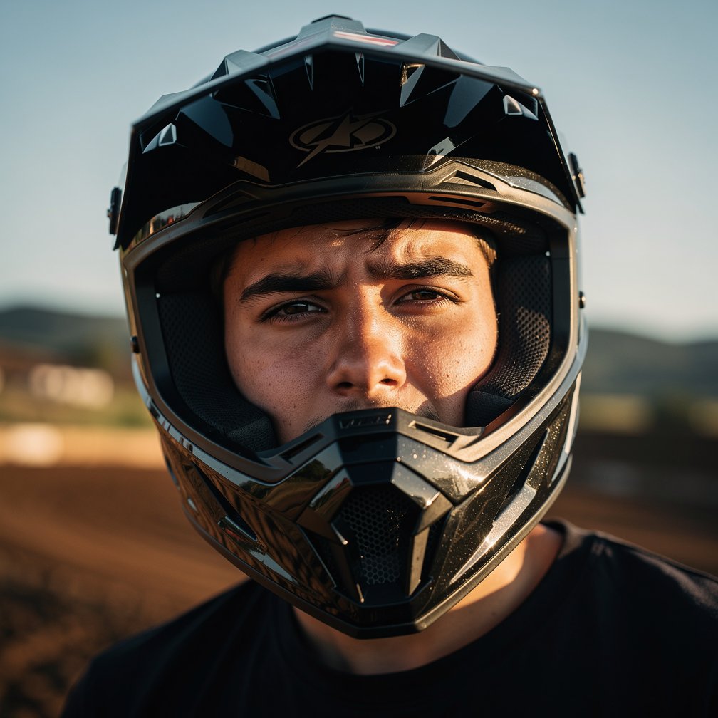 Portrait of a young man with a motocross helmet, cinematic lighting, outdoor setting, blurred background, 8k resolution.