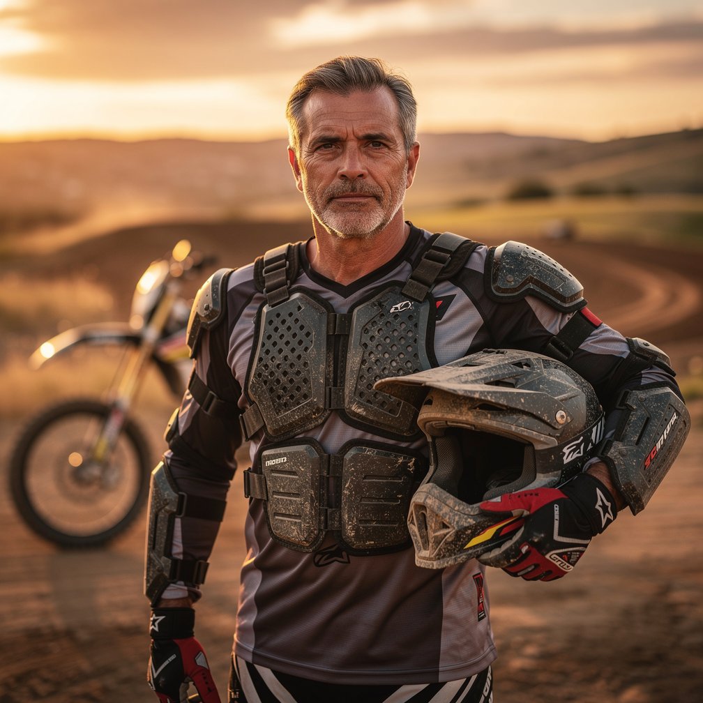Professional portrait of a middle-aged man in riding gear, sunset lighting, dirt bike in background, 8k resolution.