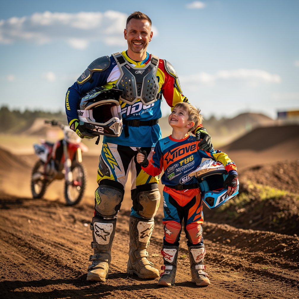 Happy father and young son in motocross gear, smiling, sunny outdoor day, 8k resolution.