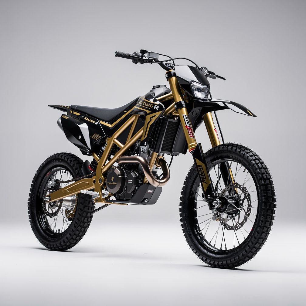 Professional studio photography of a Talaria Sting R MX4 electric dirt bike, clean background, action stance, black and gold details, 8k resolution.