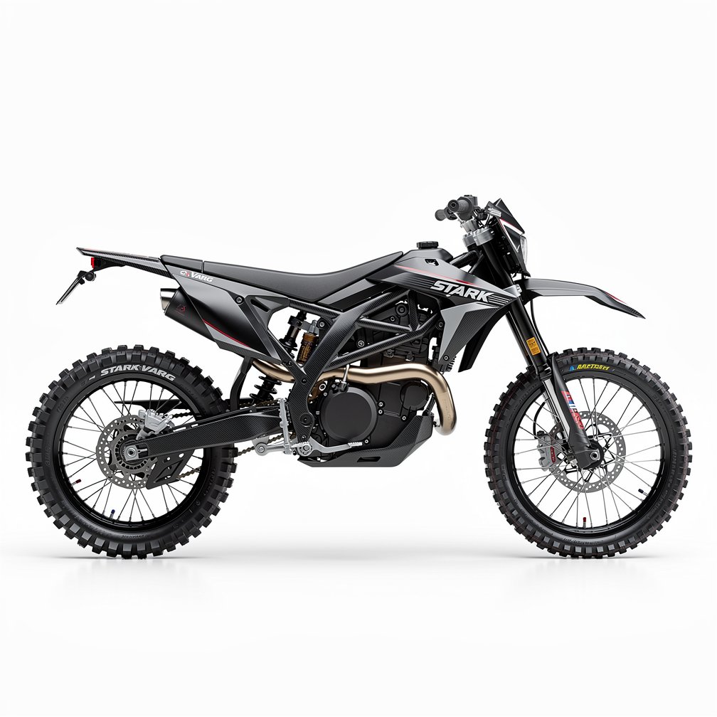 Professional studio photography of a Stark Varg electric motocross bike, clean white background, side view, aggressive design, carbon details, 8k resolution.