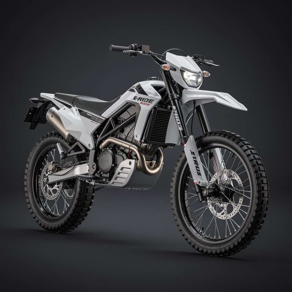 Professional studio photography of an E-Ride Pro SS electric dirt bike, clean dark background, perspective view, high-tech components, 8k resolution.