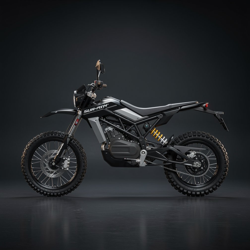 Professional studio photography of a Sur-ron Ultra Bee electric motorcycle, clean dark background, side view, sleek off-road design, 8k resolution.