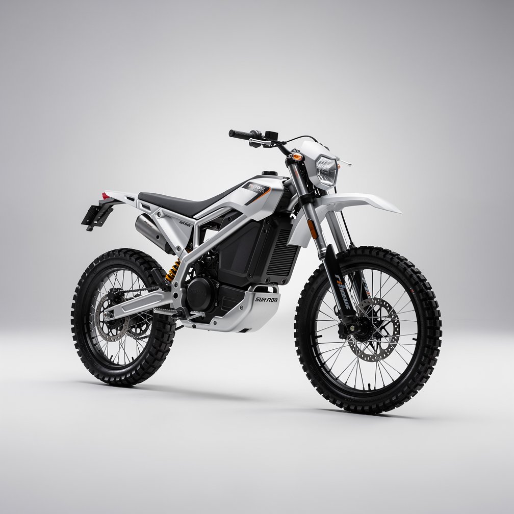Professional studio photography of a Sur-ron Light Bee X electric dirt bike, clean grey background, perspective view, lightweight design, 8k resolution.
