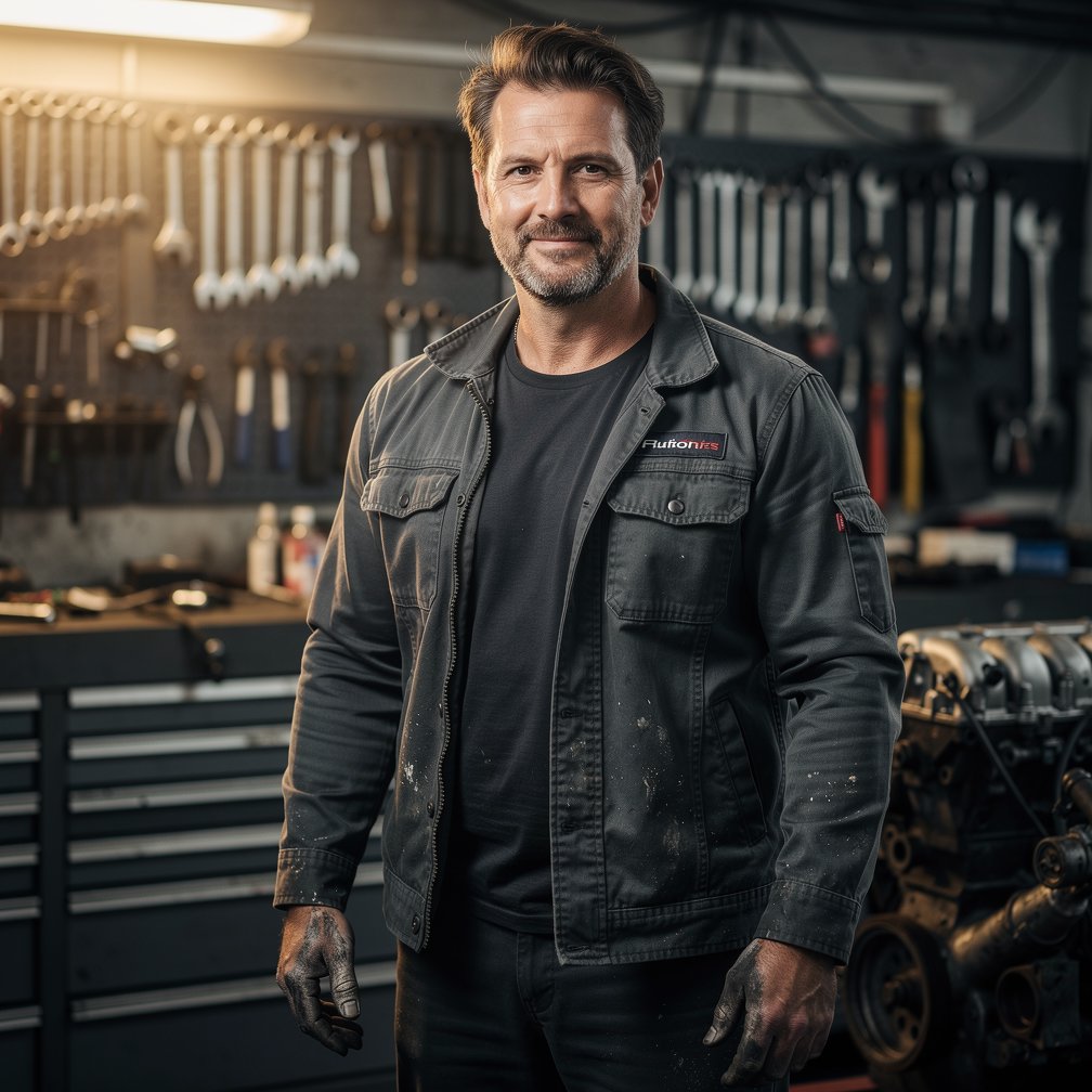 Professional portrait of a skilled mechanic in his 40s, confident look, wearing dark work clothes, workshop environment with tools, 8k resolution.