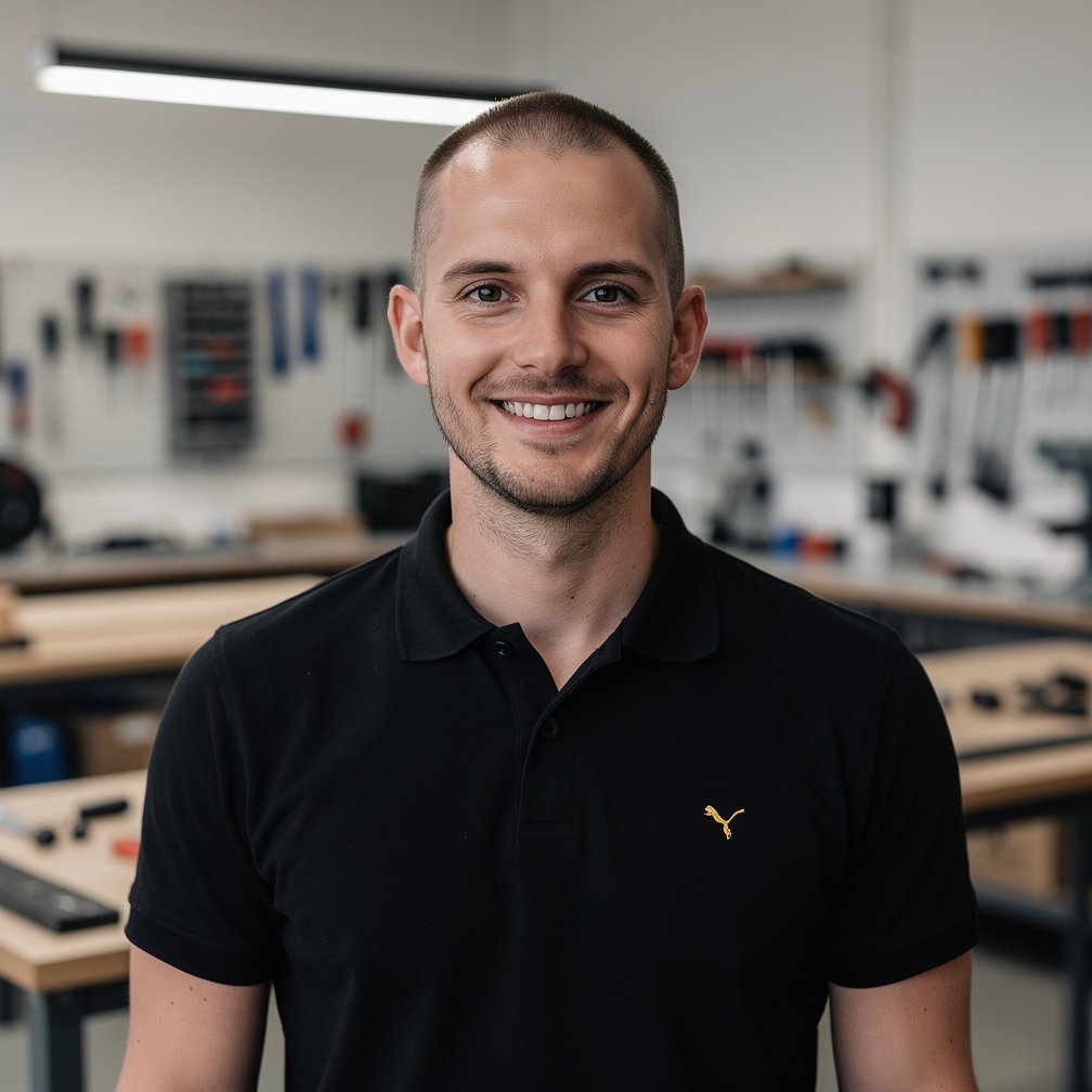 Professional portrait of a friendly man in his 30s, wearing a black polo shirt with a small subtle gold logo, modern workshop background, soft lighting, 8k resolution.