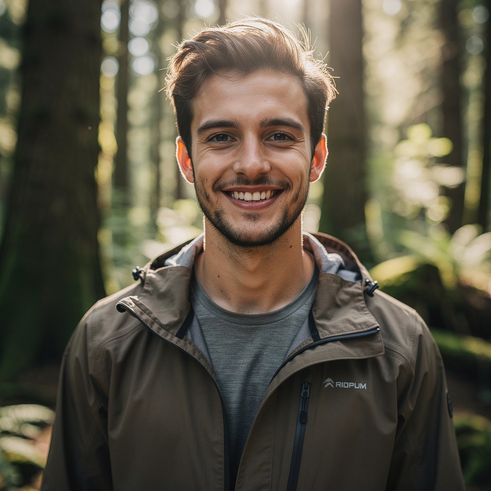 Professional portrait of a young energetic man, smiling, wearing outdoor gear, forest background, 8k resolution.