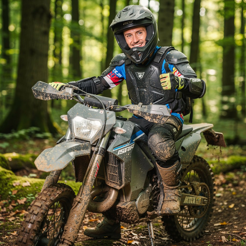 Close up of a happy rider in mud-splattered motocross gear next to an electric bike, thumbs up, forest background, 8k resolution.