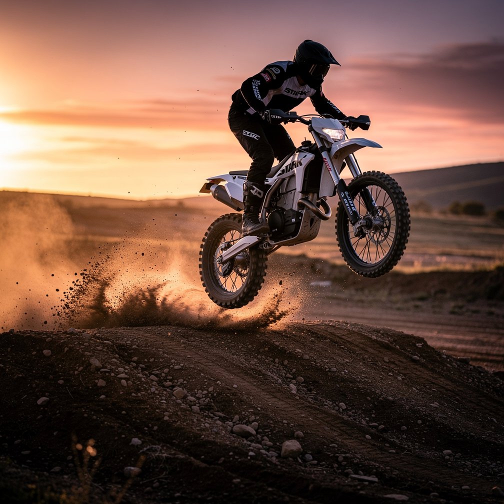 Action shot of a Stark Varg electric dirt bike jumping over a dirt mound, dust clouds, sunset lighting, high contrast, 8k resolution.