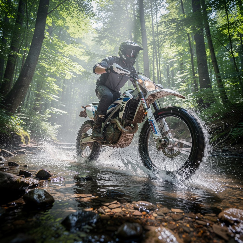 Electric dirt bike riding through a shallow stream in a forest, water splashing, motion blur, adventure atmosphere, 8k resolution.