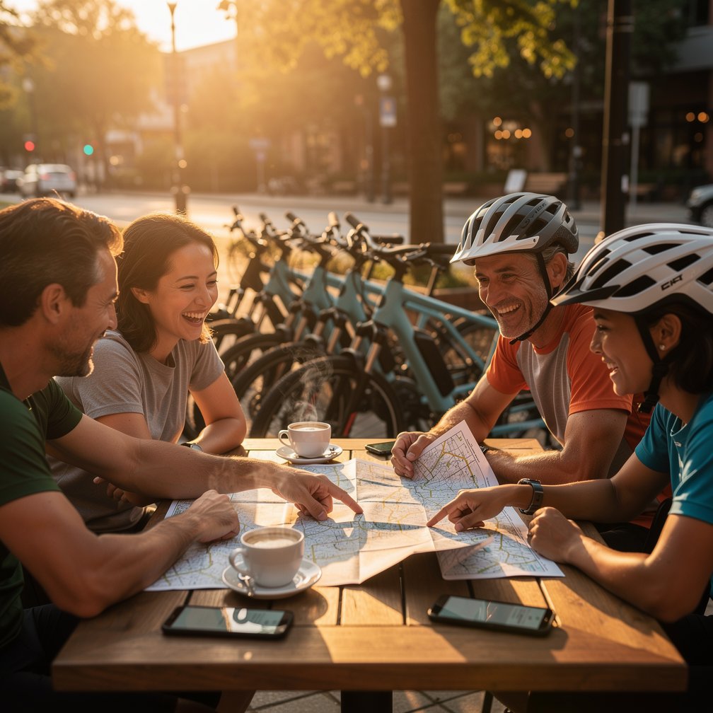 A group of riders gathered around a table with coffee and maps, electric bikes parked nearby, sunset lighting, community vibe, 8k resolution.