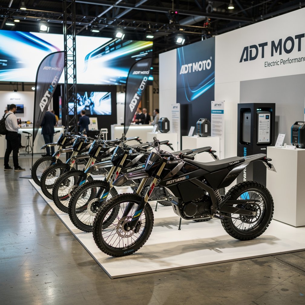 A line of electric dirt bikes (Talaria and E-Ride) parked in a row at a professional event stand, ADT MOTO branding style, modern equipment, 8k resolution.