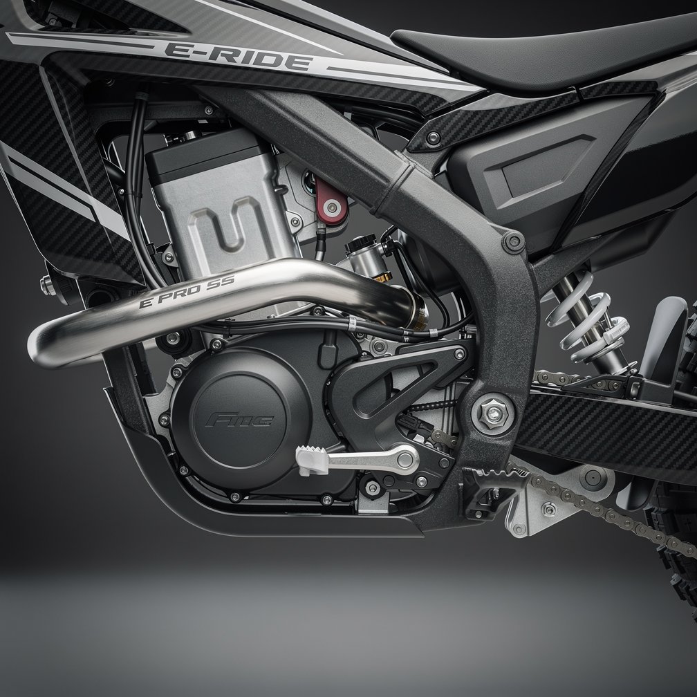 Detailed shot of an E-Ride Pro SS motor and battery area, high-tech carbon fiber details, futuristic look, clean lighting, 8k resolution.