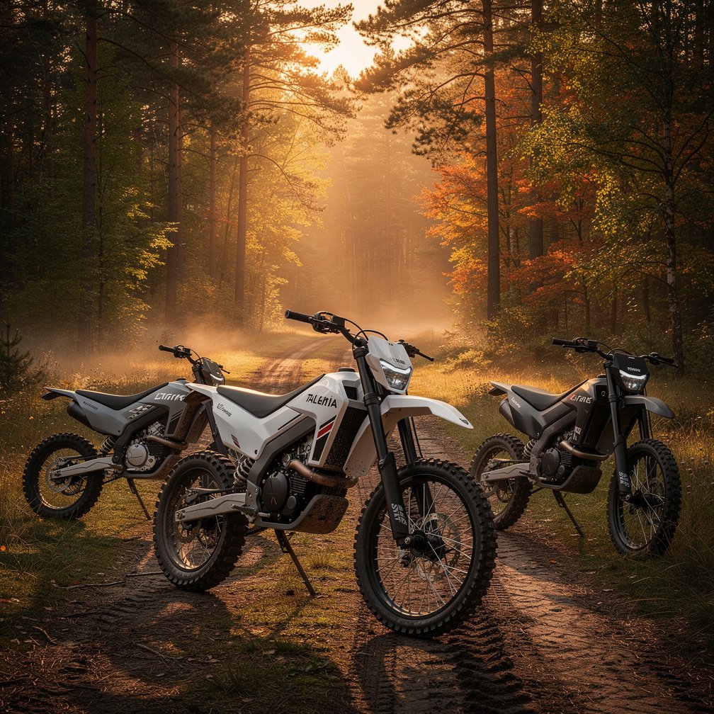 A group of electric dirt bikes (Talaria and Stark Varg) parked in a beautiful forest landscape, sunset light filtering through trees, adventure atmosphere, 8k resolution.