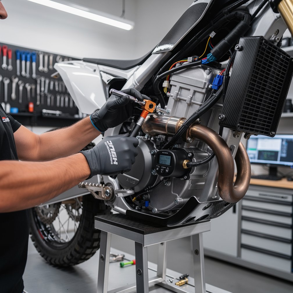 Close-up professional photography of a mechanic working on a high-tech electric dirt bike motor, clean modern workshop, specialized tools, focus on precision and technology, 8k resolution.